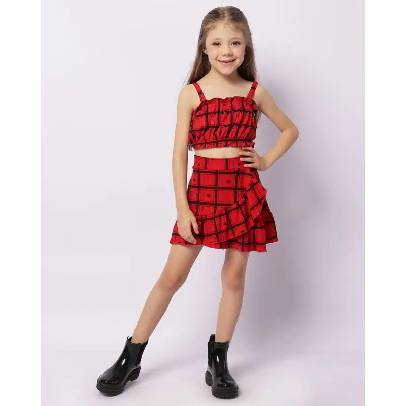 Saia Infantil Curta Com Babados Estampada Xadrez Vermelha 6