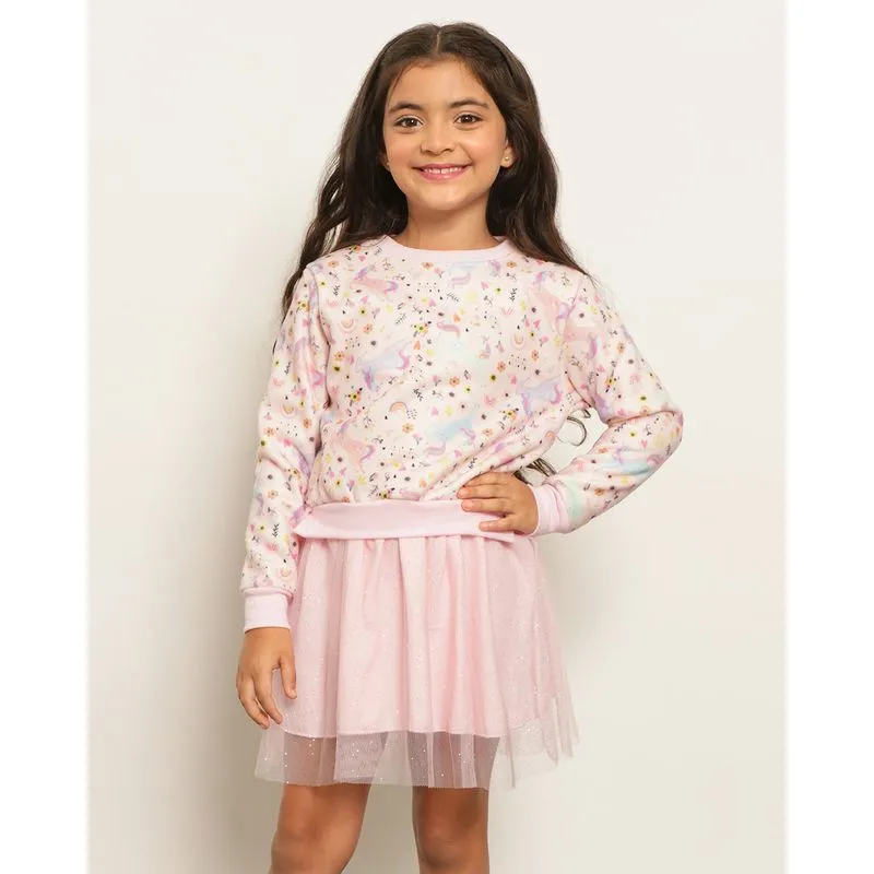Vestido Infantil Soft Manga Longa Estampa Unicórnio Rosa 8