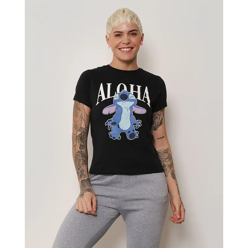 Camiseta Feminina Disney Stitch Manga Curta Preta M