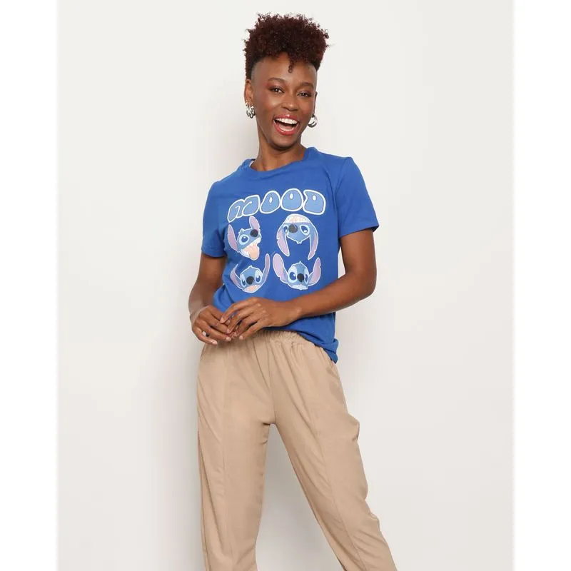 Camiseta Feminina Disney Stitch Manga Curta Azul GG