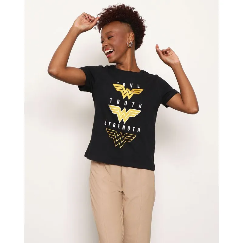 Camiseta Feminina Mulher Maravilha Manga Curta Preta GG