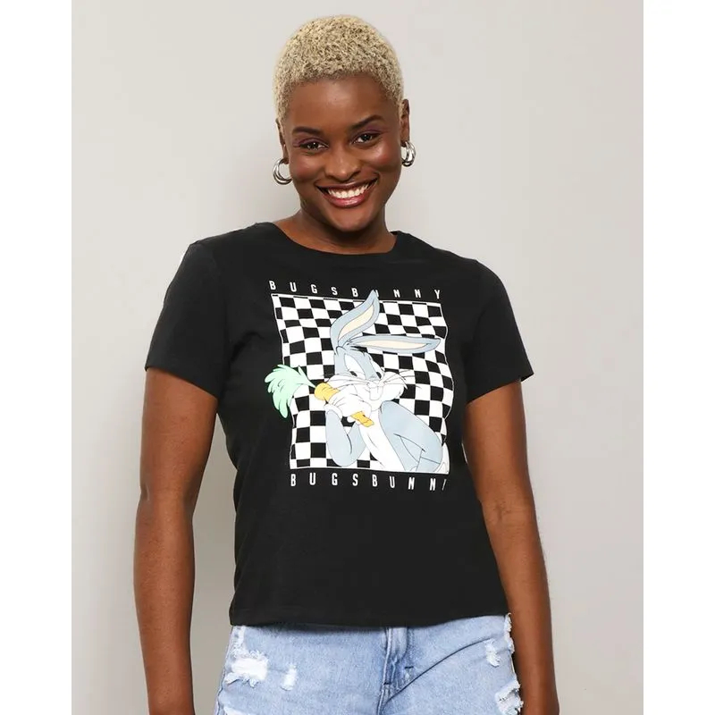 Camiseta Feminina Manga Curta Estampa Pernalonga Looney Tunes Preta M
