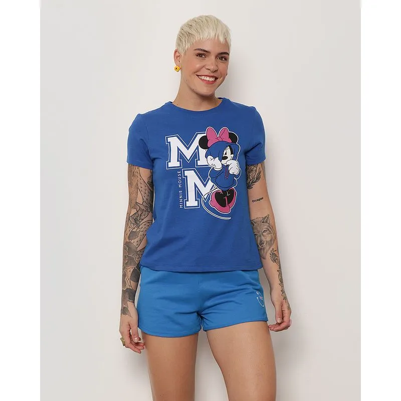 Camiseta Feminina Disney Minnie Manga Curta Azul G