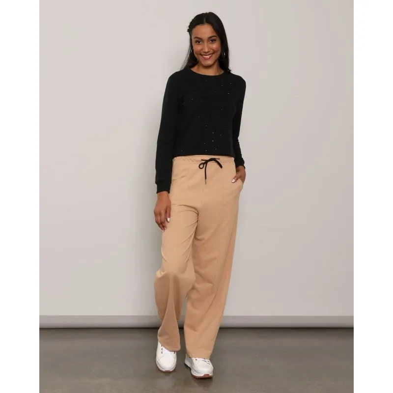 Calça Feminina Moletinho Wide Leg Com Recorte Bege P