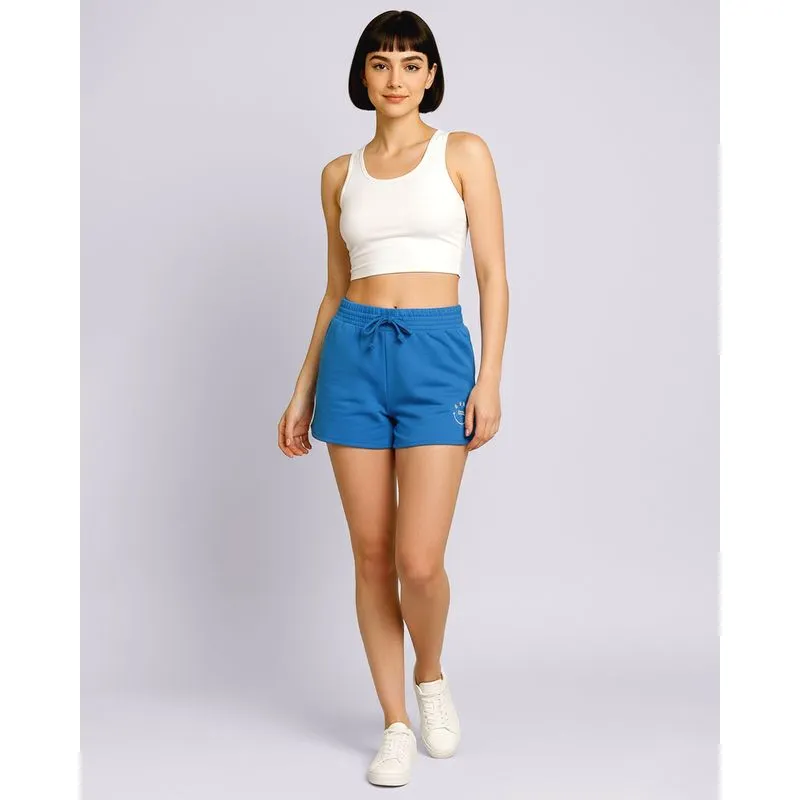 Short Moletinho Feminino Bordado Good Vibes Azul G