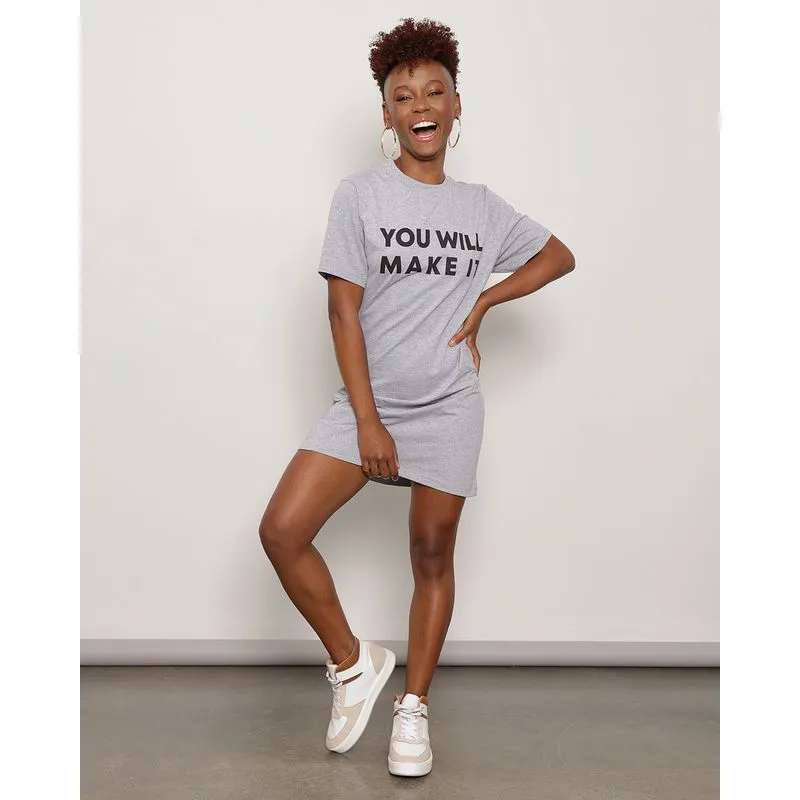 Vestido Feminino Estampa You Will Make It Manga Curta Cinza M