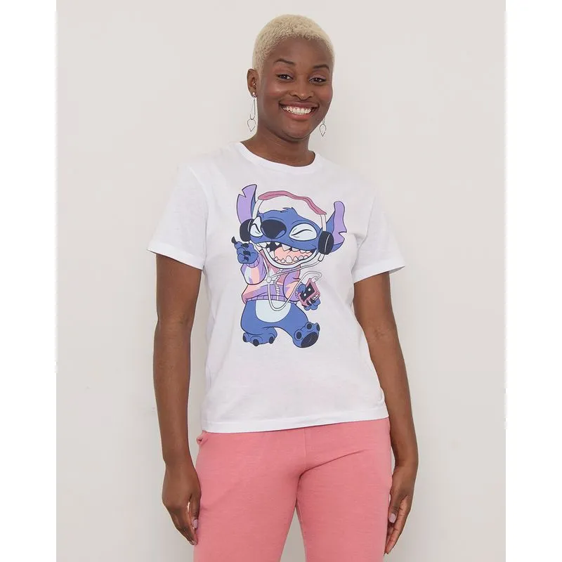 Camiseta Feminina Disney Stitch Manga Curta Branca P