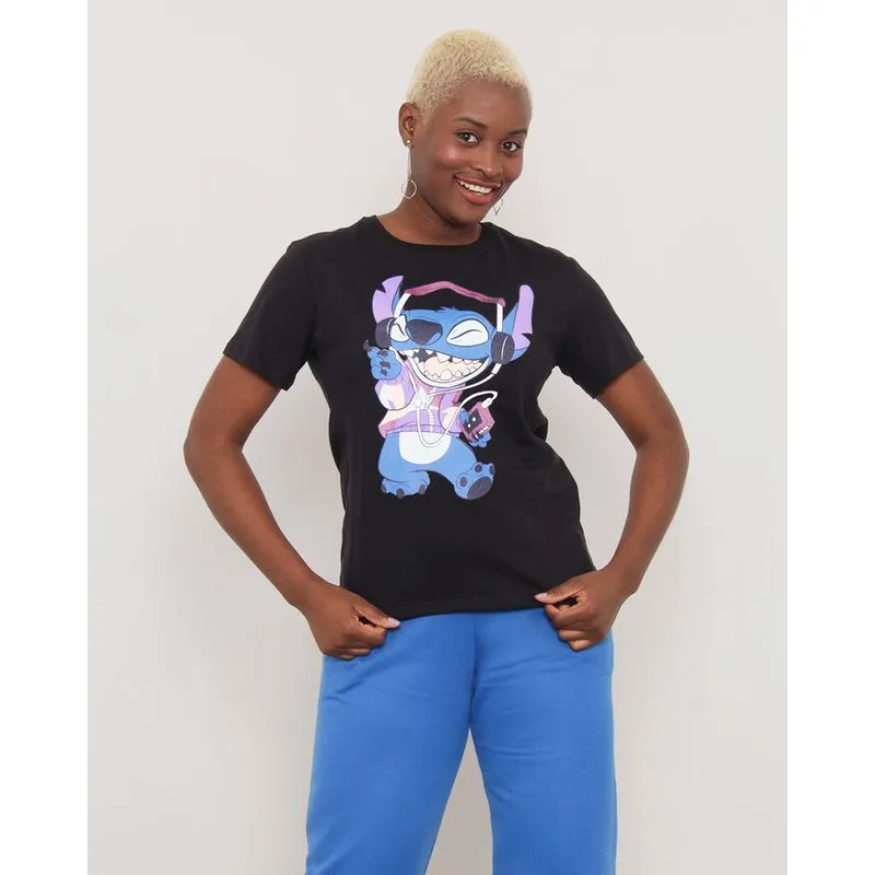 Camiseta Feminina Disney Stitch Manga Curta Preta M