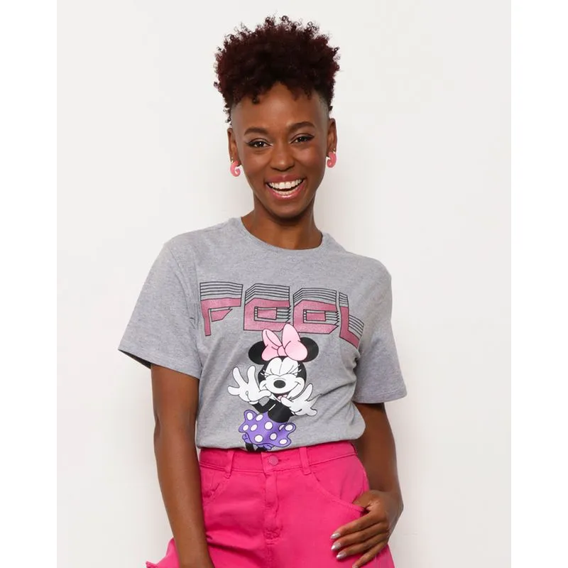 Camiseta Feminina Disney Minnie Manga Curta Cinza M