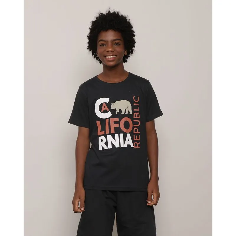 Camiseta Juvenil Manga Curta Estampa Texturizada Preta 14