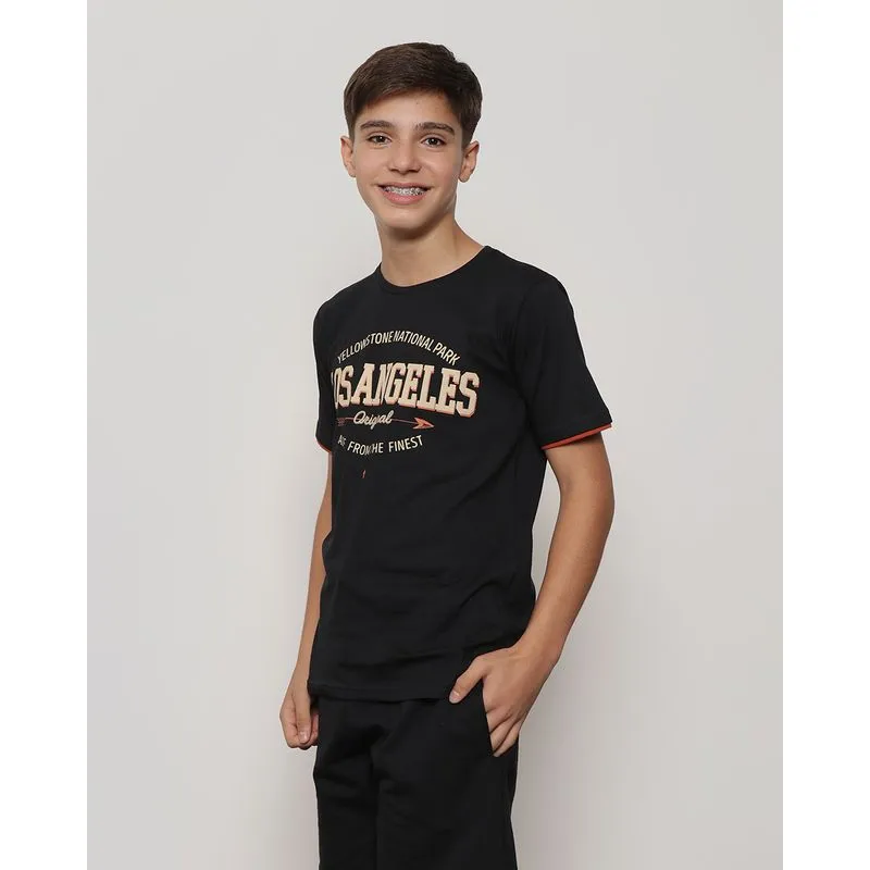 Camiseta Juvenil Manga Curta Estampa Los Angeles Preta 10