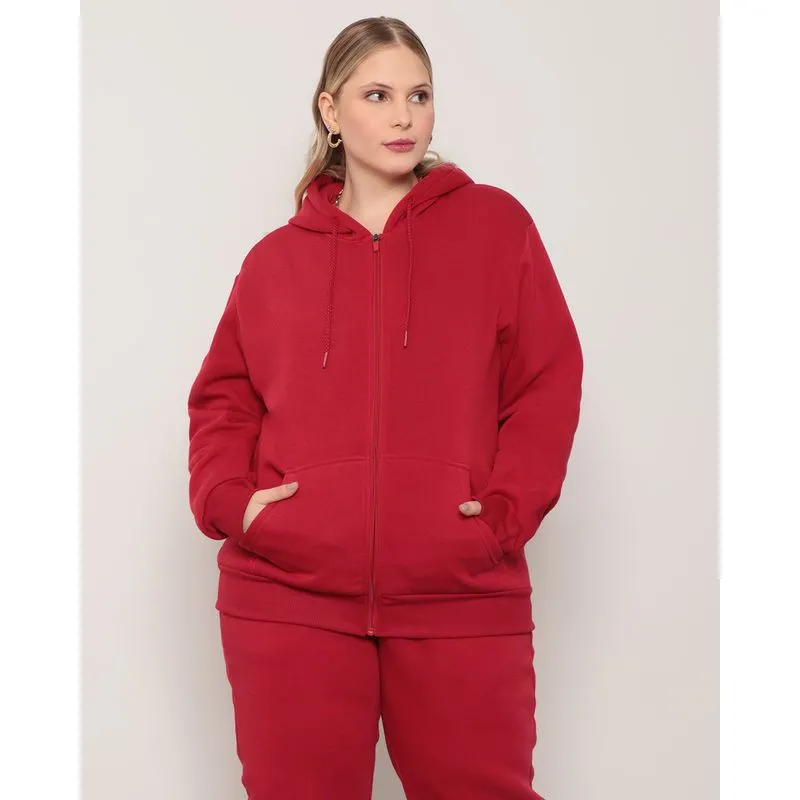 Casaco Moletom Plus Size Feminino Com Capuz Vermelho G1