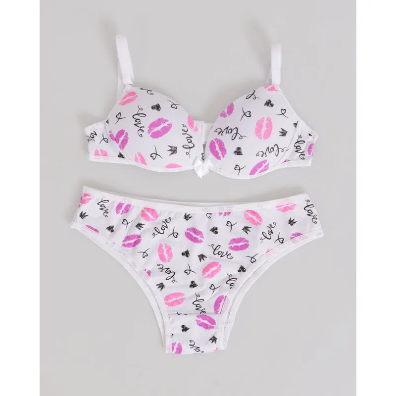 Conjunto Lingerie Juvenil Com Bojo Estampa Love Branca 16