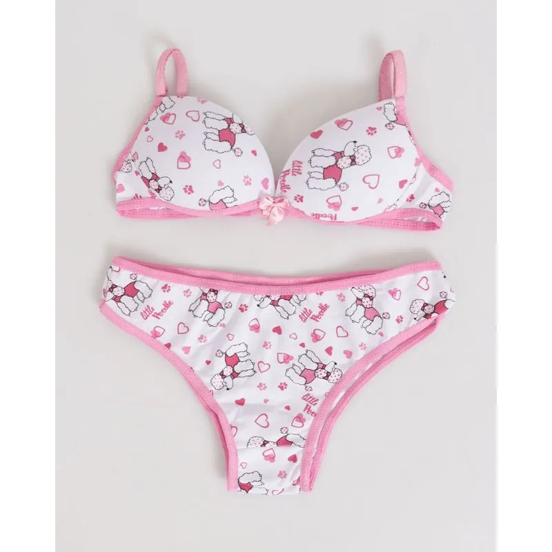 Conjunto Lingerie Juvenil Com Bojo Estampa Poodle Rosa 16