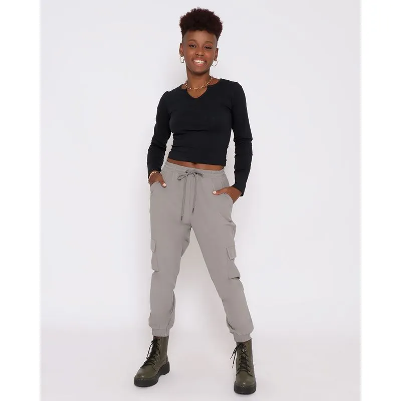 Calça Feminina Bolso Cargo Jogger Cinza Médio GG