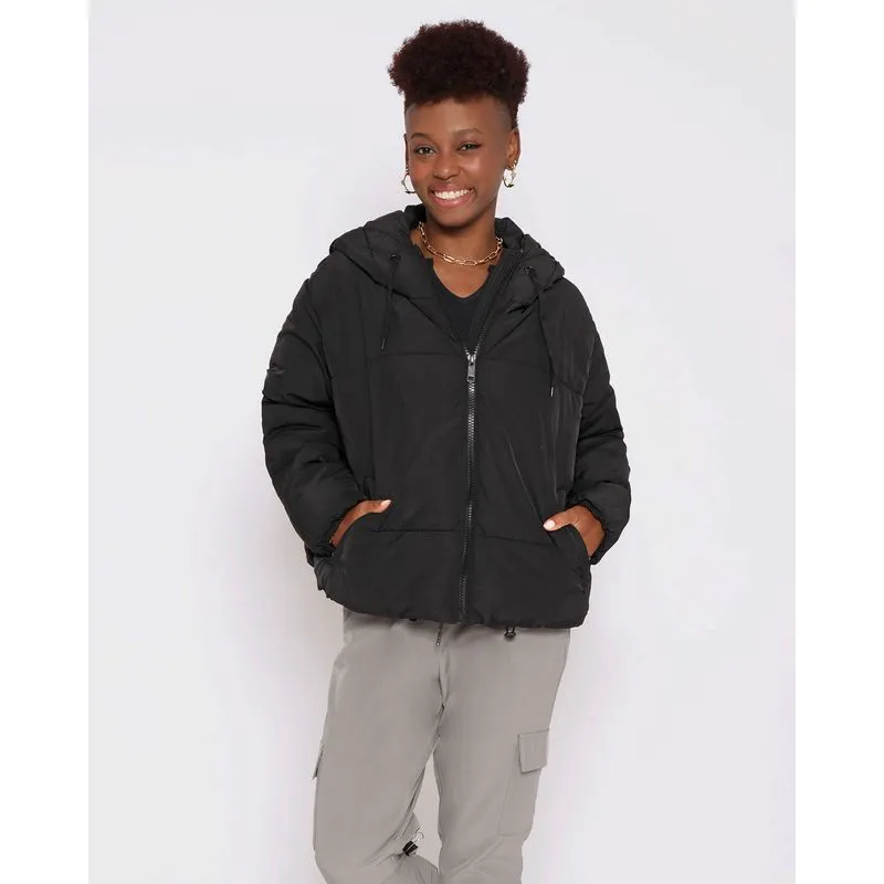 Jaqueta Feminina Puffer Com Capuz Preta GG