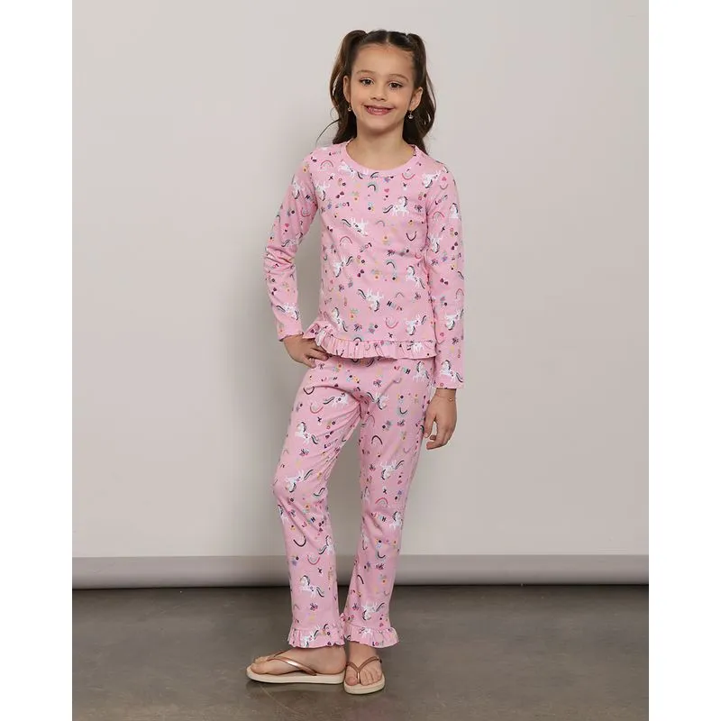 Pijama Infantil Babados Estampado Unicórnio Rosa 8