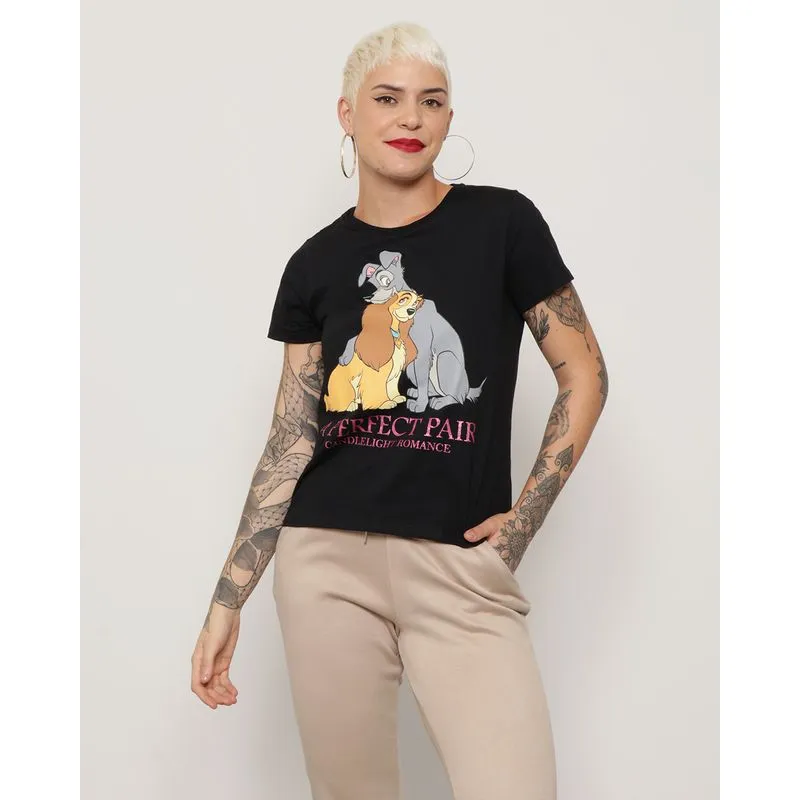 Camiseta Feminina Disney Dama e o Vagabundo Manga Curta Preta G