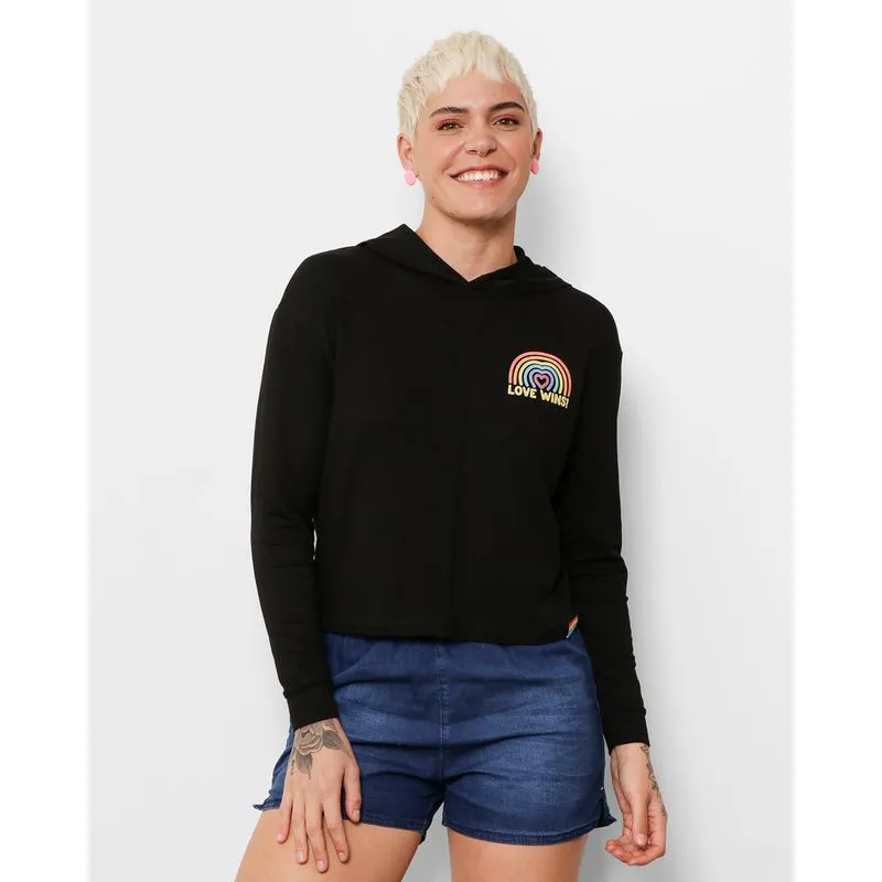 Blusa Feminina Moletinho Cropped Com Capuz Preto M