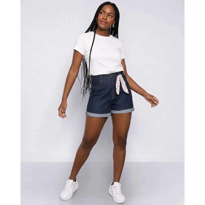 Short Jeans Feminino Vizzy Mom Com Laço Azul 46