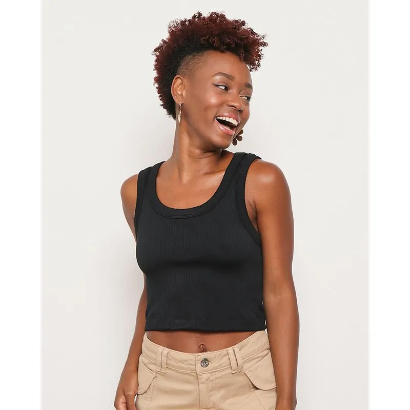 Regata Feminina Cropped Canelada Sem Costura Preta M
