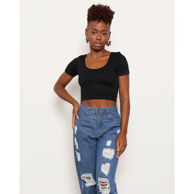 Blusa Cropped Feminina Sem Costura Canelado Preto G