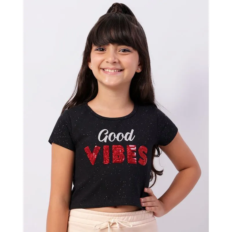 Blusa Infantil Cropped Estama Paetê Com Glitter Preta 6