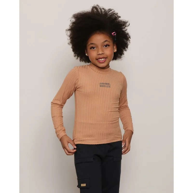 Blusa Infantil Manga Longa Canelada Bege 4