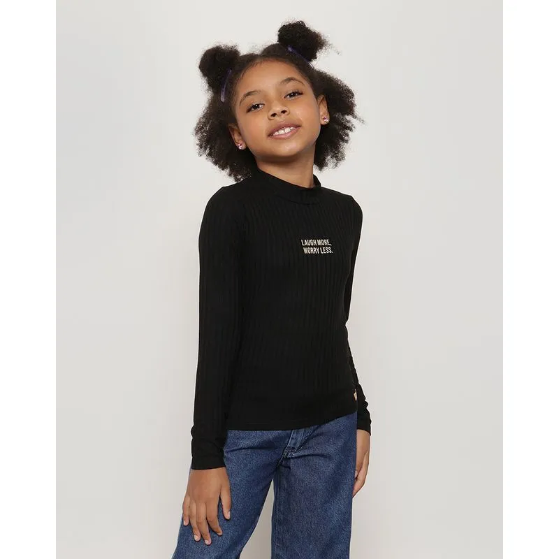 Blusa Infantil Manga Longa Canelada Preta 6
