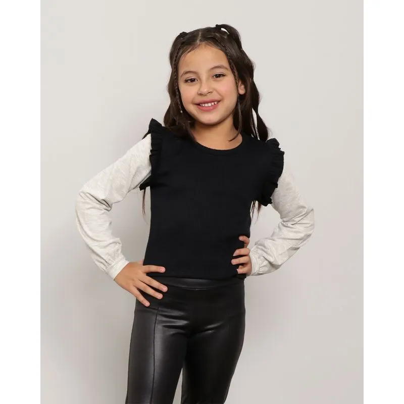 Blusa Infantil Manga Longa Canelada Recorte Frufru Preta 10
