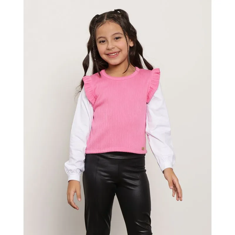 Blusa Infantil Manga Longa Canelada Recorte Frufru Rosa 10