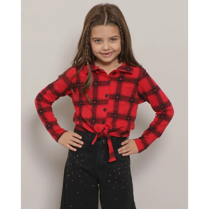 Camisa Infantil Xadrez Manga Longa Com Amarração Vermelha 8