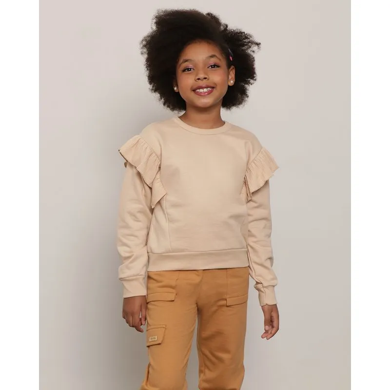 Blusão Moletom Infantil Liso Com Babado Bege 4