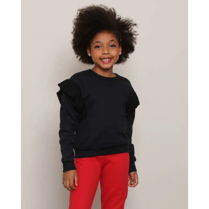 Blusão Moletom Infantil Com Babado Preto 6