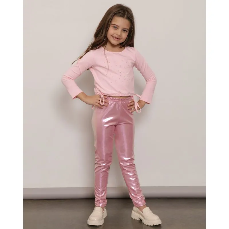 Calça Legging Infantil Cirrê Holográfica Rosa 4