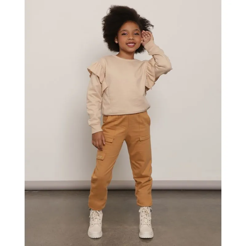 Calça Moletom Infantil Bolso Cargo Jogger Bege 8