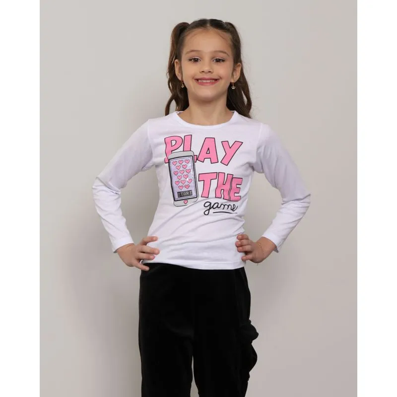 Blusa Infantil Manga Longa Estampa Play The Game Branca 6