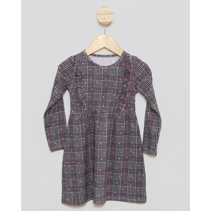 Vestido Bebê Manga Longa Estampa Xadrez Cinza 1