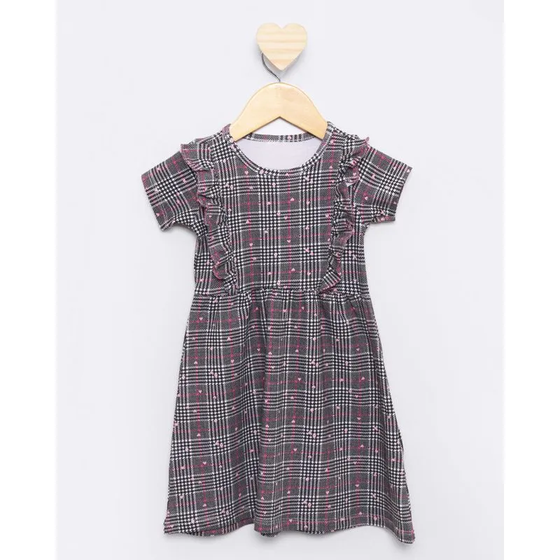 Vestido Bebê Manga Curta Estampa Xadrez Cinza 3