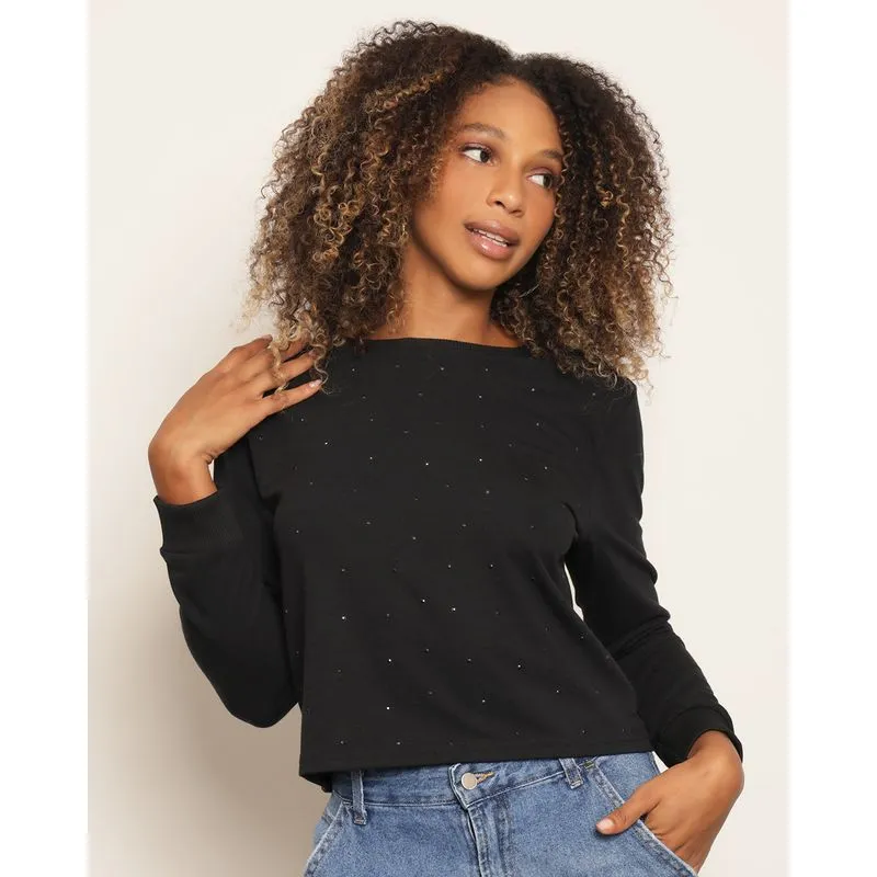 Blusa Feminina Moletinho Manga Longa Aplique Preta G