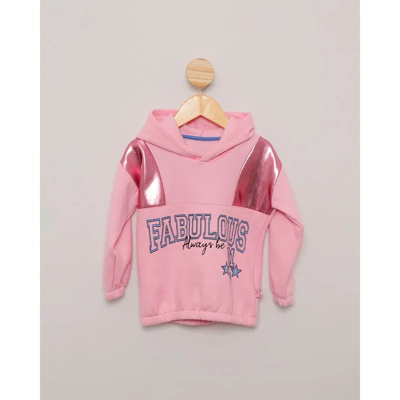 Blusão Moletom Bebê Recorte Metalizado Capuz Estampa Rosa 2