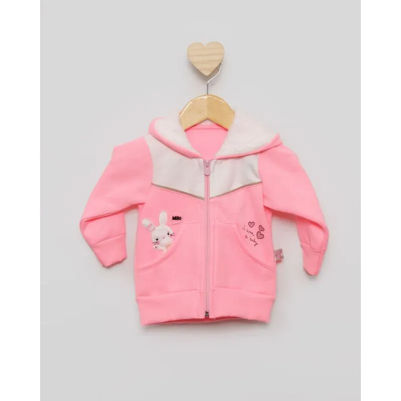 Jaqueta Moletom Bebê Pelinho Capuz Estampa Recorte Rosa Neon P