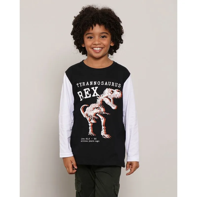 Camiseta Infantil Manga Longa Com Estampa Preta 6