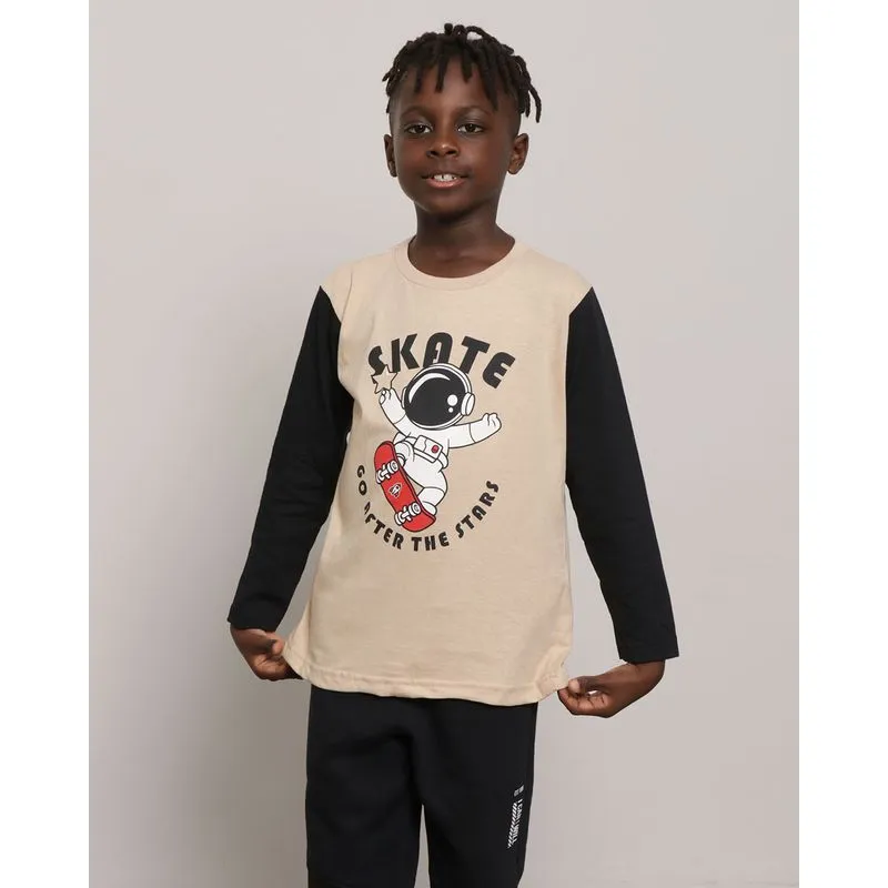 Camiseta Infantil Estampa Skate Manga Longa Bege 6