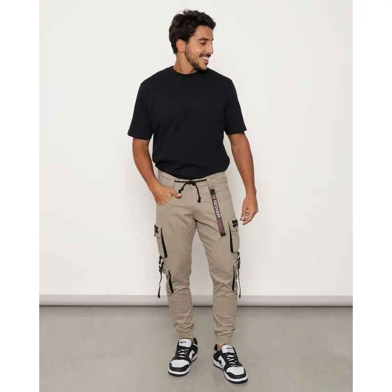Calça Masculina Sarja Bolso Cargo Street Jogger Bege 42