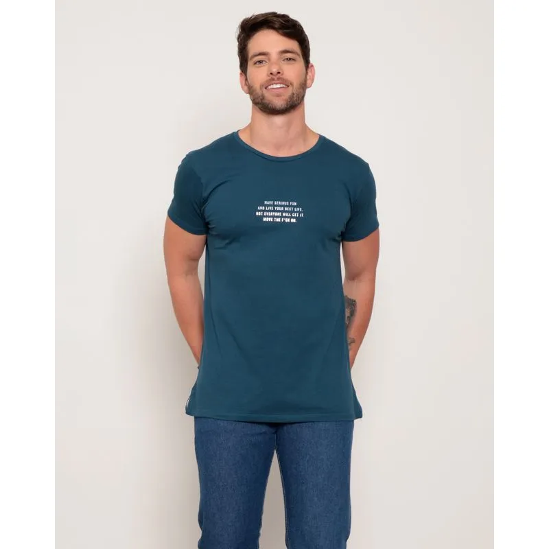 Camiseta Masculina Estampa Escrita Metalizada Manga Curta Azul GG