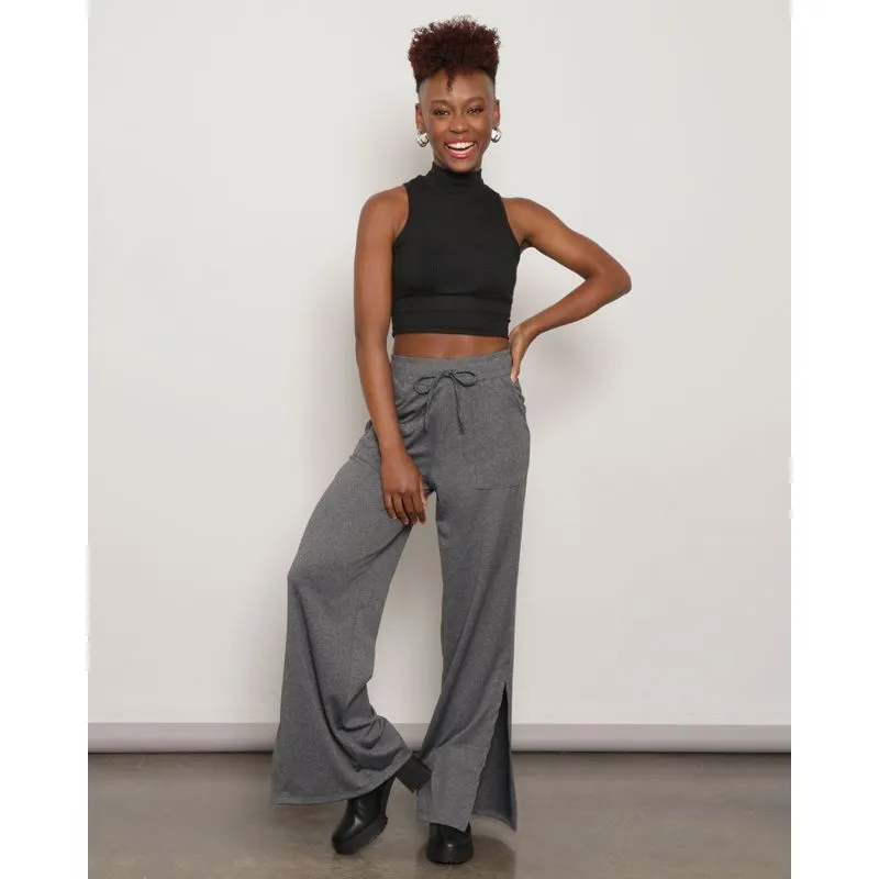 Calça Feminina Wide Leg com Fenda Mescla Cinza G