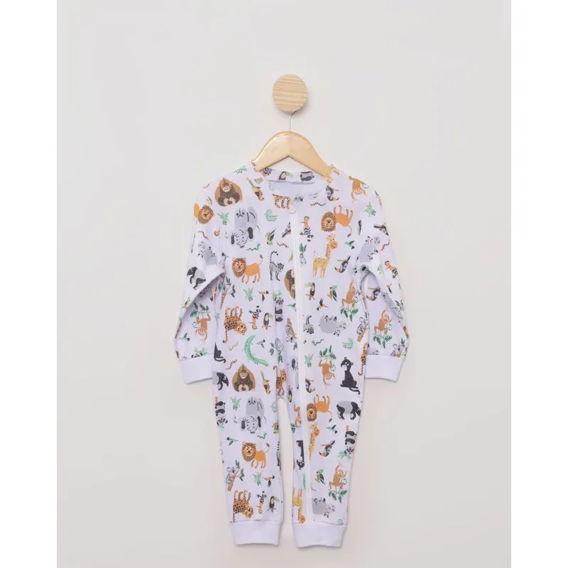 Pijama Bebê Macacão Estampa Safari Com Zíper Branco 1