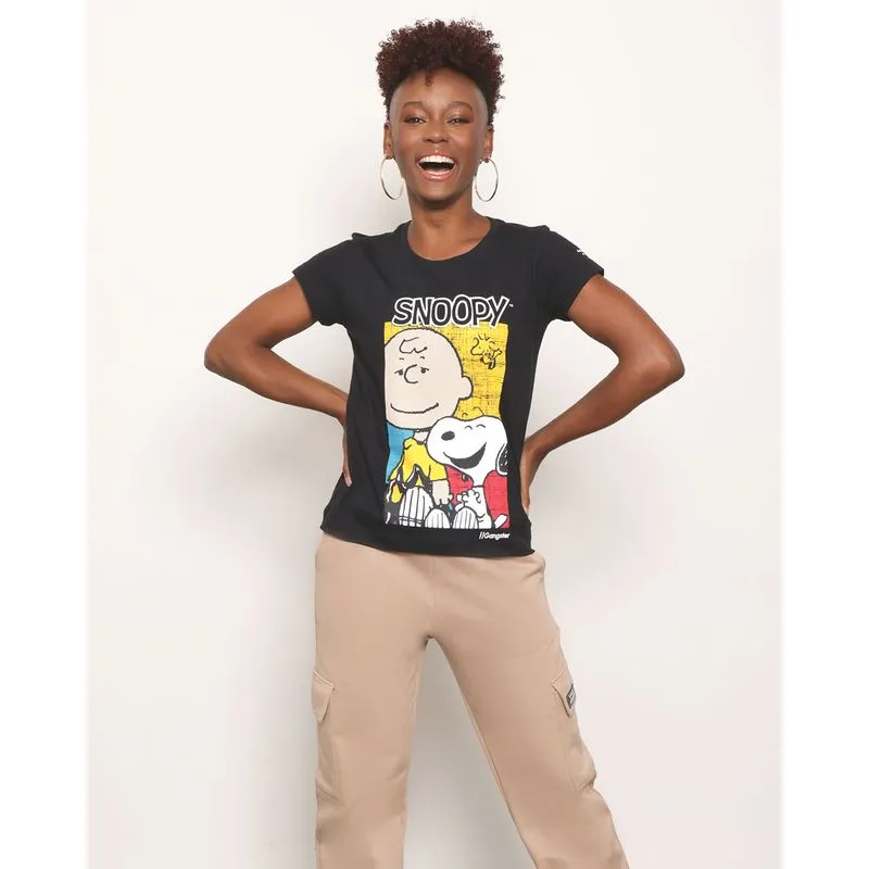 Camiseta Feminina Snoopy Charlie Manga Curta Preta P