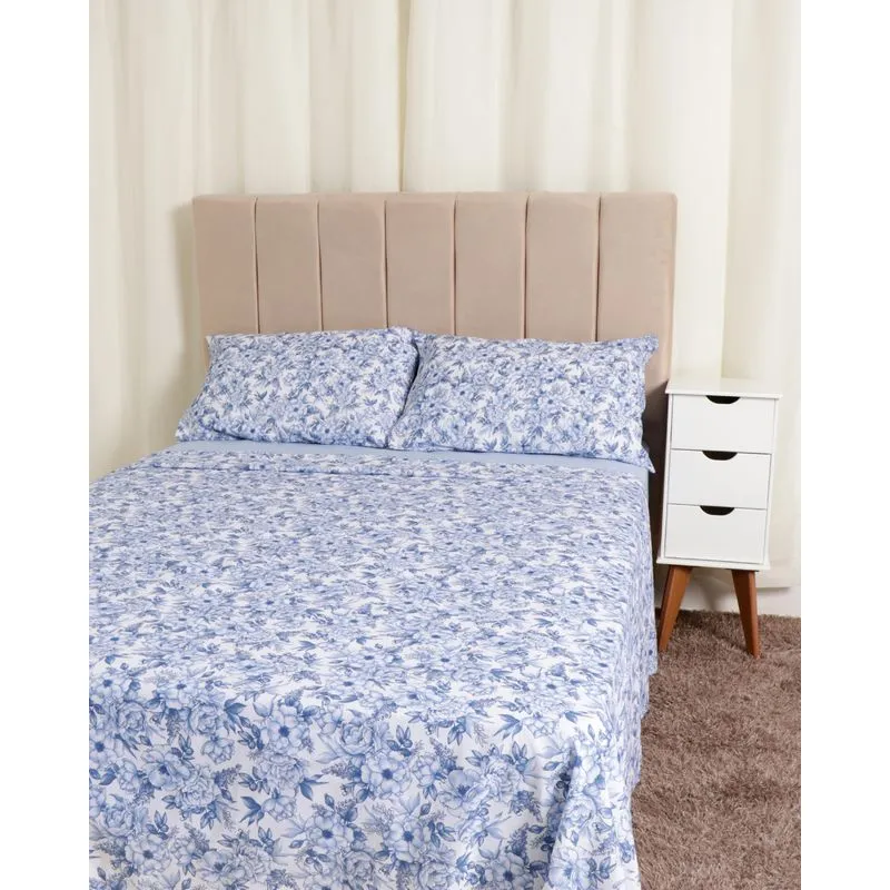 Jogo De Cama King Algodão Estampa Floral Andreza Azul UN